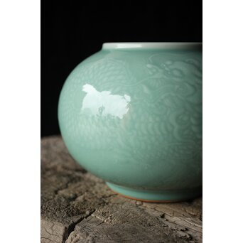 二代 宮川香山/真葛香山 清朝磁器 青磁雲龍文壷写し 龍文浮彫青磁花瓶　P333 