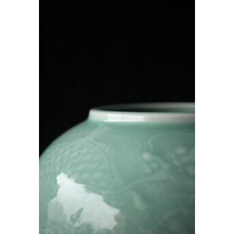 二代 宮川香山/真葛香山 清朝磁器 青磁雲龍文壷写し 龍文浮彫青磁花瓶　P333 