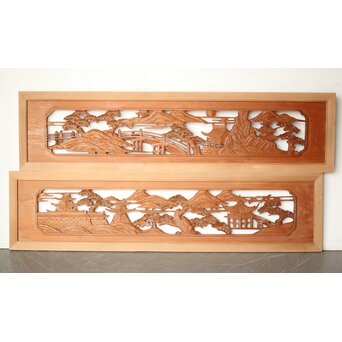 楼閣山水 木彫欄間 2枚1組　R0160