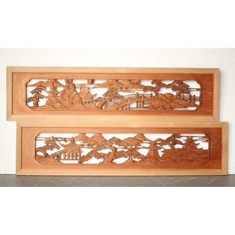 楼閣山水 木彫欄間 2枚1組　R0160 