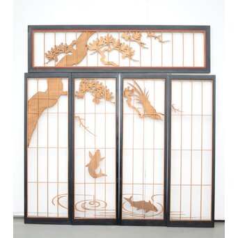 黒枠 曲雲銘 流水に鯉 木彫書院欄間 5枚1組　R0169 