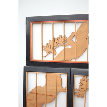 黒枠 曲雲銘 流水に鯉 木彫書院欄間 5枚1組　R0169 