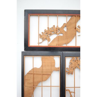 黒枠 曲雲銘 流水に鯉 木彫書院欄間 5枚1組　R0169 