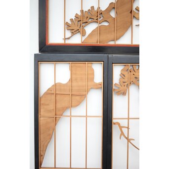 黒枠 曲雲銘 流水に鯉 木彫書院欄間 5枚1組　R0169 