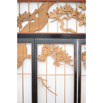 黒枠 曲雲銘 流水に鯉 木彫書院欄間 5枚1組　R0169 