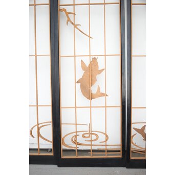 黒枠 曲雲銘 流水に鯉 木彫書院欄間 5枚1組　R0169 