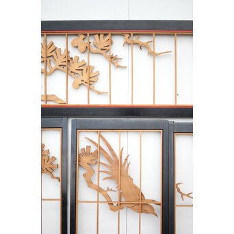 黒枠 曲雲銘 流水に鯉 木彫書院欄間 5枚1組　R0169 