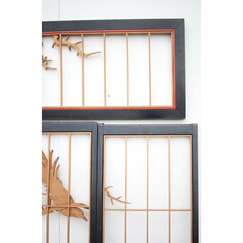 黒枠 曲雲銘 流水に鯉 木彫書院欄間 5枚1組　R0169 