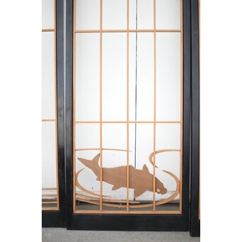 黒枠 曲雲銘 流水に鯉 木彫書院欄間 5枚1組　R0169 