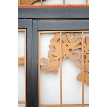 黒枠 曲雲銘 流水に鯉 木彫書院欄間 5枚1組　R0169 