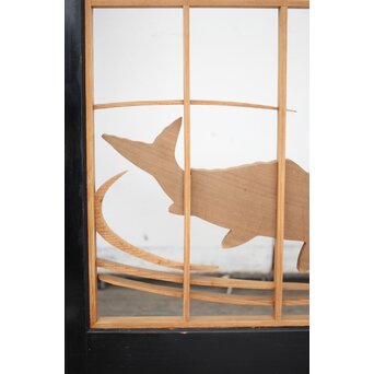 黒枠 曲雲銘 流水に鯉 木彫書院欄間 5枚1組　R0169 