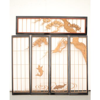 黒枠 曲雲銘 流水に鯉 木彫書院欄間 5枚1組　R0169