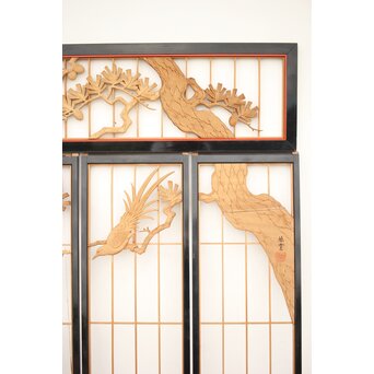 黒枠 曲雲銘 流水に鯉 木彫書院欄間 5枚1組　R0169 