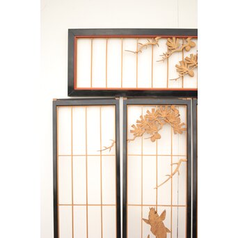 黒枠 曲雲銘 流水に鯉 木彫書院欄間 5枚1組　R0169 