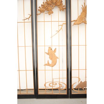 黒枠 曲雲銘 流水に鯉 木彫書院欄間 5枚1組　R0169 