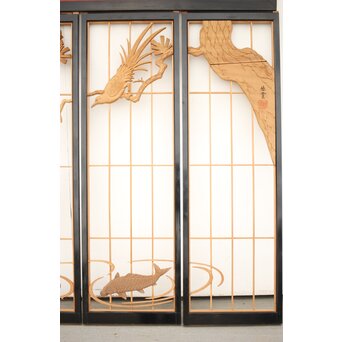 黒枠 曲雲銘 流水に鯉 木彫書院欄間 5枚1組　R0169 