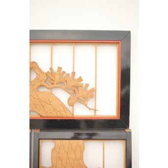 黒枠 曲雲銘 流水に鯉 木彫書院欄間 5枚1組　R0169 