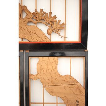 黒枠 曲雲銘 流水に鯉 木彫書院欄間 5枚1組　R0169 