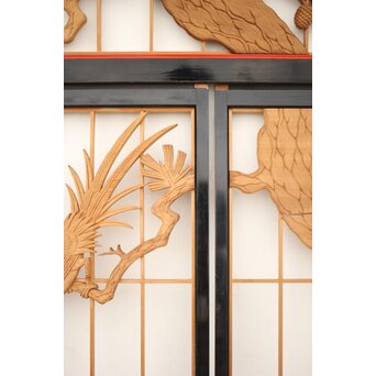 黒枠 曲雲銘 流水に鯉 木彫書院欄間 5枚1組　R0169 