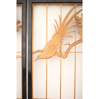 黒枠 曲雲銘 流水に鯉 木彫書院欄間 5枚1組　R0169 