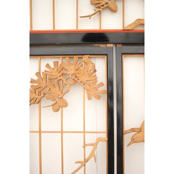 黒枠 曲雲銘 流水に鯉 木彫書院欄間 5枚1組　R0169 