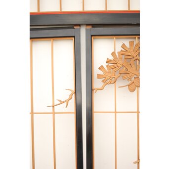 黒枠 曲雲銘 流水に鯉 木彫書院欄間 5枚1組　R0169 