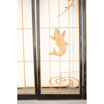 黒枠 曲雲銘 流水に鯉 木彫書院欄間 5枚1組　R0169 