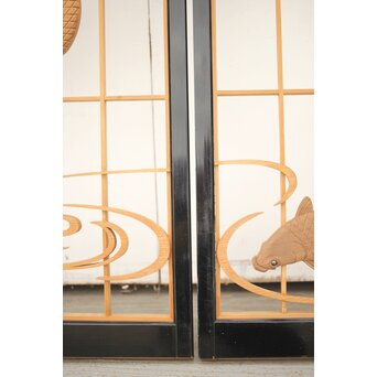 黒枠 曲雲銘 流水に鯉 木彫書院欄間 5枚1組　R0169 