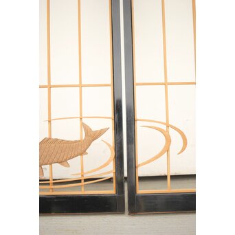 黒枠 曲雲銘 流水に鯉 木彫書院欄間 5枚1組　R0169 