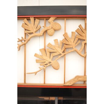 黒枠 曲雲銘 流水に鯉 木彫書院欄間 5枚1組　R0169 