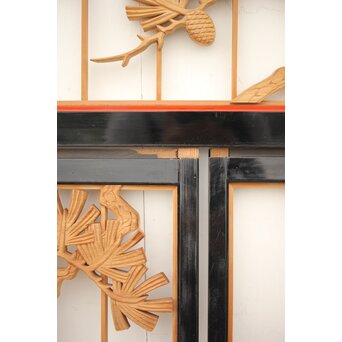 黒枠 曲雲銘 流水に鯉 木彫書院欄間 5枚1組　R0169 