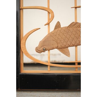 黒枠 曲雲銘 流水に鯉 木彫書院欄間 5枚1組　R0169 