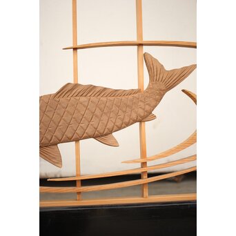 黒枠 曲雲銘 流水に鯉 木彫書院欄間 5枚1組　R0169 