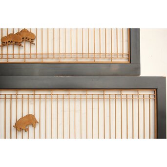 鶴亀木彫 筬欄間 2枚1組　R0175 