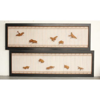 鶴亀木彫 筬欄間 2枚1組　R0175 