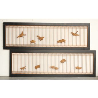 鶴亀木彫 筬欄間 2枚1組　R0175