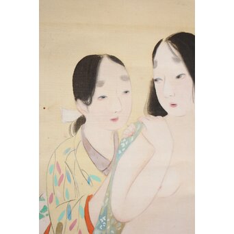 古典 前賢故実 塩冶判官妻出浴図オマージュか 女性像絹本掛軸　Z286 