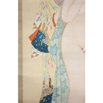 古典 前賢故実 塩冶判官妻出浴図オマージュか 女性像絹本掛軸　Z286 