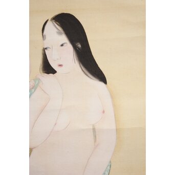 古典 前賢故実 塩冶判官妻出浴図オマージュか 女性像絹本掛軸　Z286 