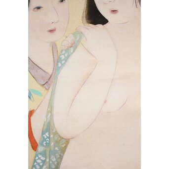 古典 前賢故実 塩冶判官妻出浴図オマージュか 女性像絹本掛軸　Z286 