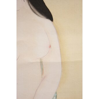 古典 前賢故実 塩冶判官妻出浴図オマージュか 女性像絹本掛軸　Z286 