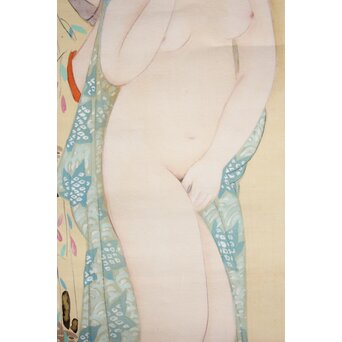 古典 前賢故実 塩冶判官妻出浴図オマージュか 女性像絹本掛軸　Z286 