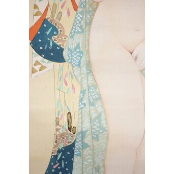 古典 前賢故実 塩冶判官妻出浴図オマージュか 女性像絹本掛軸　Z286 