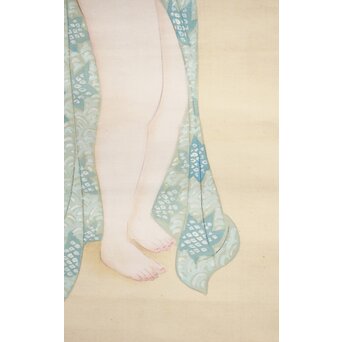 古典 前賢故実 塩冶判官妻出浴図オマージュか 女性像絹本掛軸　Z286 