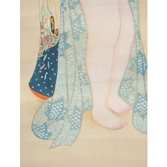 古典 前賢故実 塩冶判官妻出浴図オマージュか 女性像絹本掛軸　Z286 