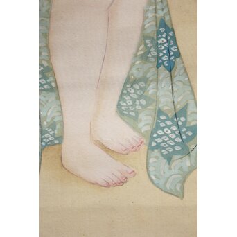 古典 前賢故実 塩冶判官妻出浴図オマージュか 女性像絹本掛軸　Z286 