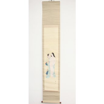 古典 前賢故実 塩冶判官妻出浴図オマージュか 女性像絹本掛軸　Z286 