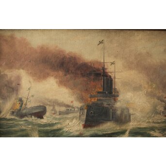 T Matsumoto 松本画 日露戦争 油彩 額装　Z287 