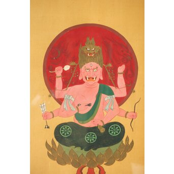 秀麗作 愛染明王図 仏画 絹本 唐木額装　Z292 