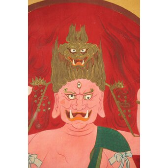 秀麗作 愛染明王図 仏画 絹本 唐木額装　Z292 